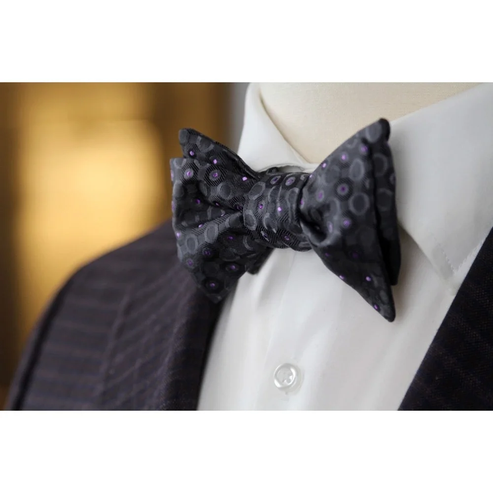 Men's Self-tied Bow‎ Tie 100%Silk Grey Purple Ornament S732BC